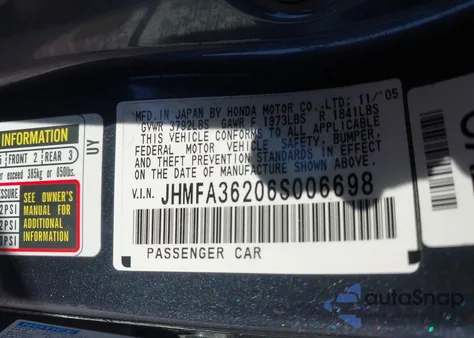 2006 Honda Civic Hybrid from USA, damaged, VIN JHMFA36206S006698